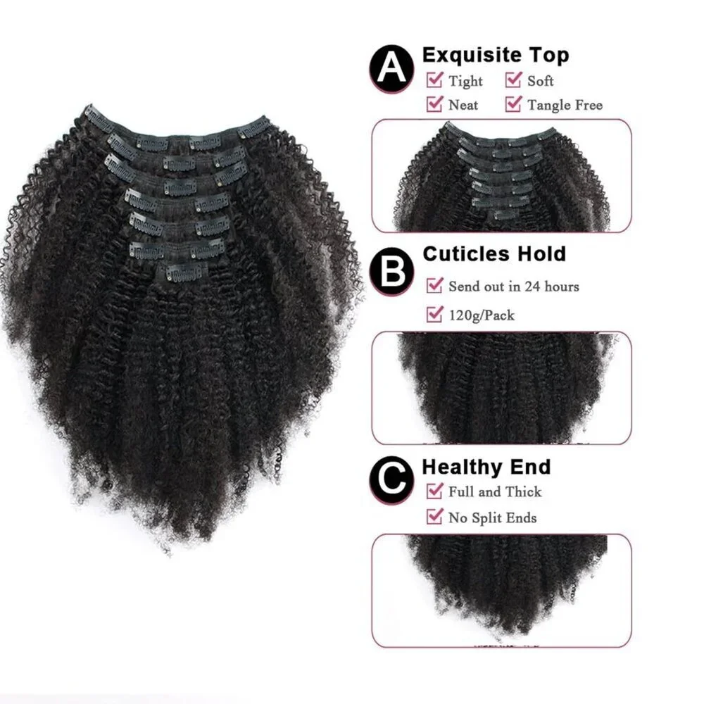 Afro Kinky Curly Clip In Hair Extensions Human Hair Natural Black 8 Inch